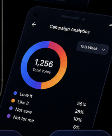 Campaign Analytics screen showing a donut chart of 1,256 total votes with a percentage breakdown by response