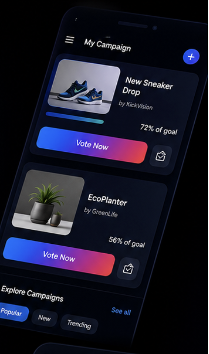Ballot Pro mobile app showing a My Campaign list with vote-now buttons and progress towards each goal